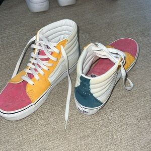 Color block high top platform Vans. Pink, yellow, green, and cream! Women’s 8
